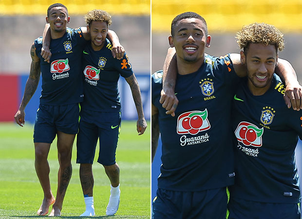 Gabriel Jesus e Neymar durante treino na Rússia