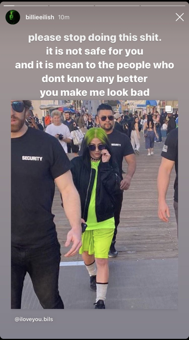 Billie EIlish Instagram Stories pedindo que as pessoas parem de se vestir como ela