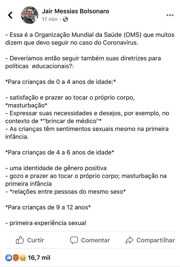Bolsonaro acusa OMS de estimular masturbação e homossexualidade infantil