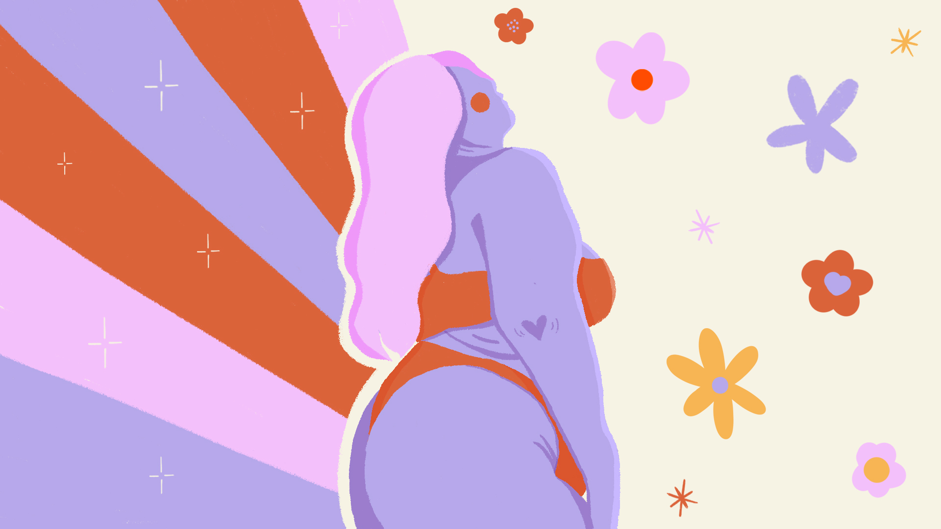 Ilustração corpo Ilustração da lateral do corpo de uma garota gorda. À direita dela, há uma estampa de florzinhas no fundo e, à esquerda, listras em laranja, rosa e lilás. O cabelo dela é rosa e ela está de biquíni laranja e seu corpo é lilás.