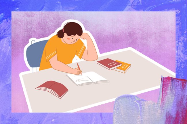 “Viver é complexo”: por que os jovens são os que mais morrem por suicídio ilustração de uma garota sentada segurando um lápis diante de um caderno. Ela está com uma das mãos no rosto e sua expressão é de tristeza