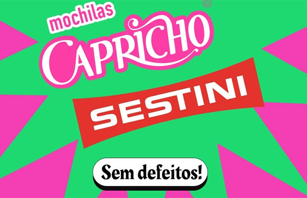 Montagem verde com detalhes em rosa escrito Mochilas CAPRICHO Sestini sem defeitos!