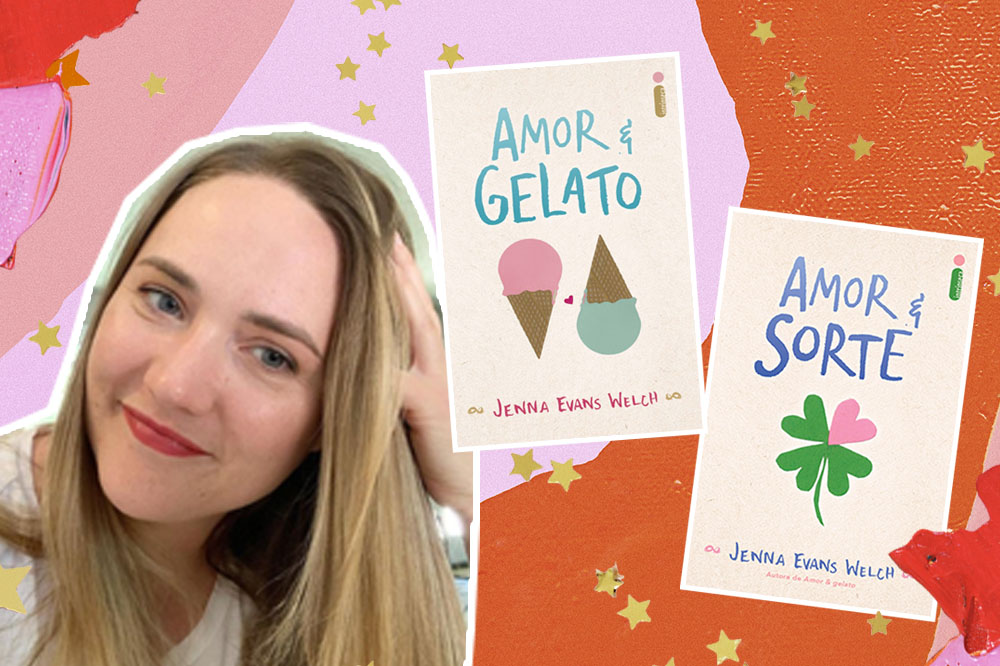 Montagem com foto de Jenna Evans Welch e as capas dos livros Amor & Gelato e Amor & Sorte em um fundo em tons de rosa e laranja com estrelas amarelas como decoração