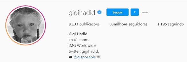 Descrição do perfil de Gigi Hadid no Instagram com Khai's mom