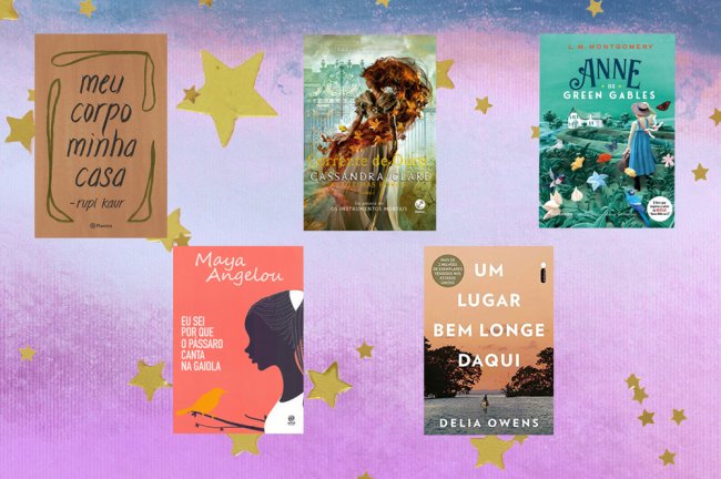 Capa dos livros Meu corpo, Minha Casa, Eu sei porque o pássaro canta na gaiola, Corrente de Ouro, Um Lugar Bem Longe Daqui, Anne de Green Gables,