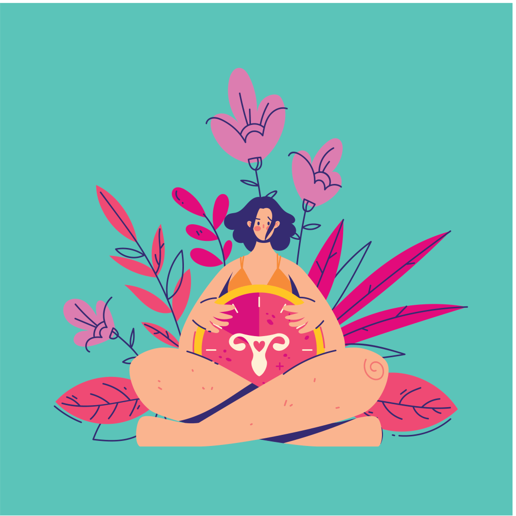 ilustração de mulher sentada com as pernas cruzadas. Em sua barriga está o desenho do aparelho reprodutor feminino