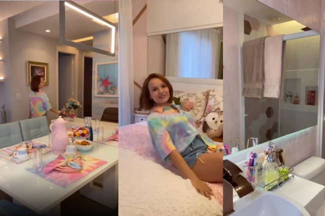 Mesa de jantar e mesa de escritório do apartamento; Larissa em sua cama; Banheiro do quarto