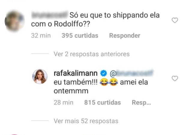 Rafa Kalimann shippa Rodolffo e Sarah