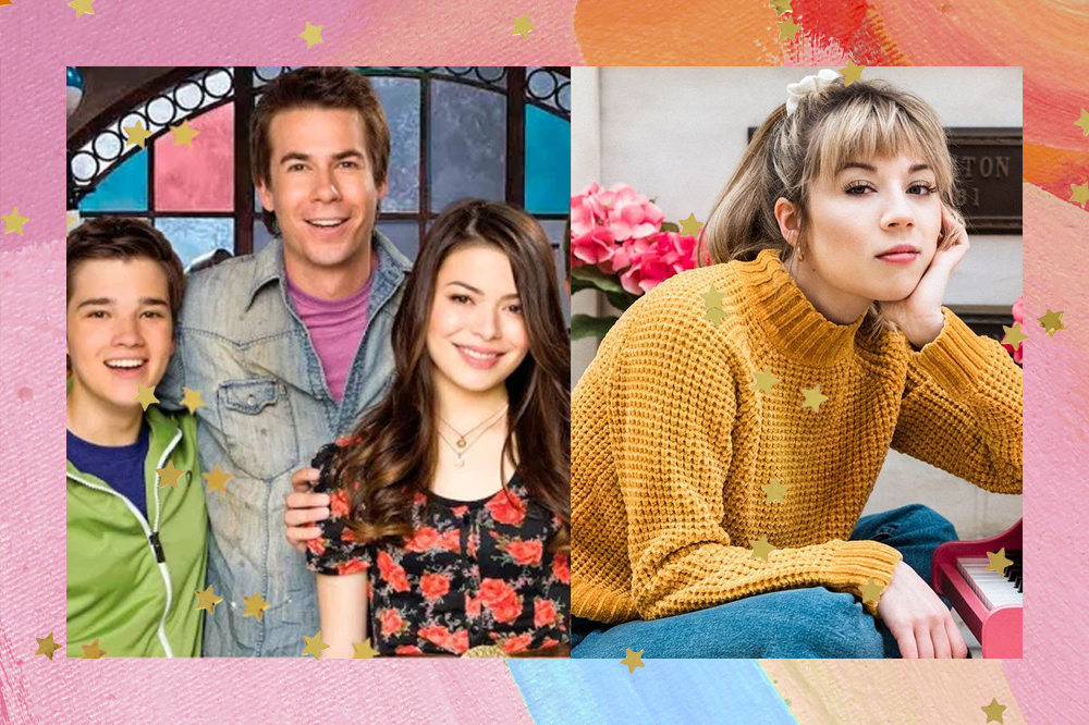 montagem mostra elenco de iCarly sorrindo de um lado e Janette McCurdy de outro, séria e com uma das mãos no rosto