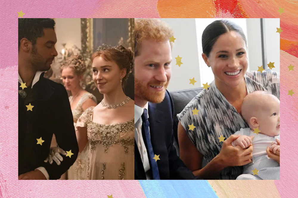 Montagem com a imagem do Duque de Hastings e Daphne Bridgerton na série "Bridgerton" e outra imagem do casal Príncipe Harry e Meghan Makle com seu filho Archie no colo