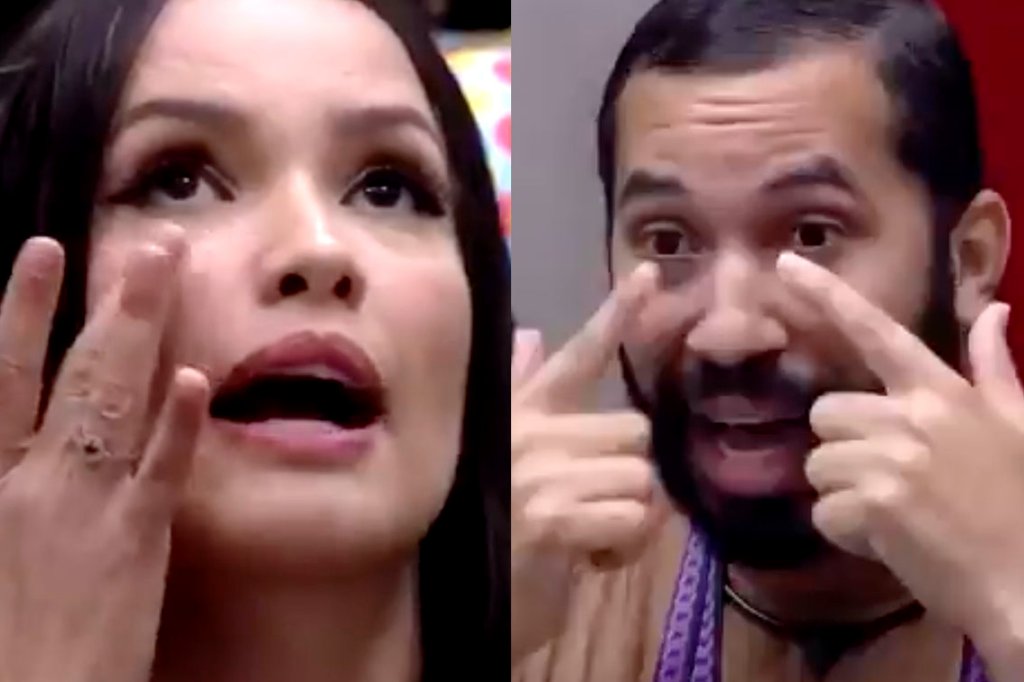 Juliette e Gilberto no BBB21. Ambos estão com a mão no rosto, próxima aos olhos