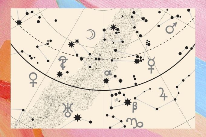 elementos que rementem à astrologia, como luas e símbolos dos signos