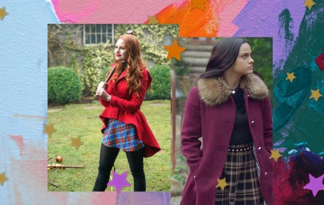 Cheryl Blossom com sobretudo vermelho, saia xadrez e botas over the knee pretas. Veronica Lodge ao lado com sobre tudo roxo, blusa preta e saia xadrez.