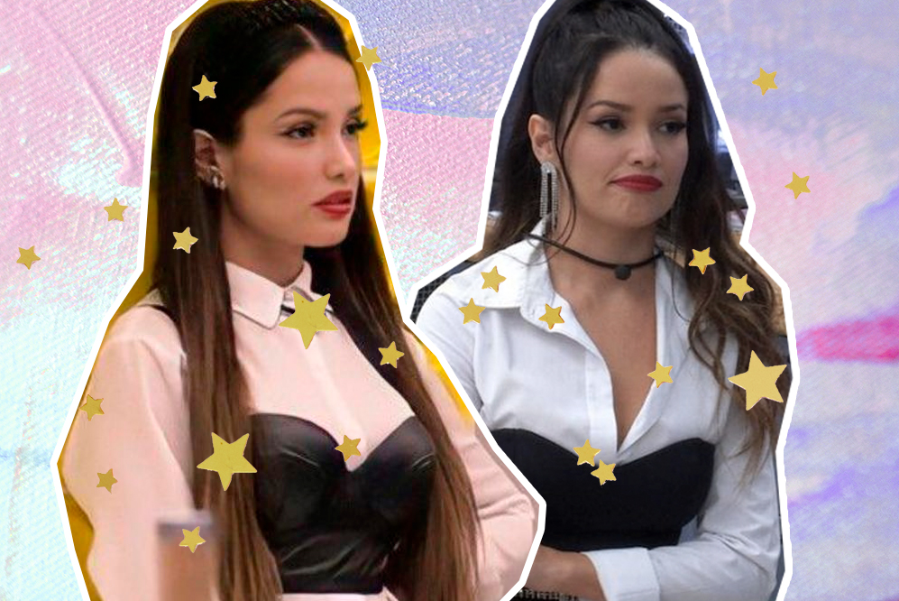 Montagem com duas fotos da Juliette Freire, participante do BBB21, usando camisa branca com corset preto por cima. À esquerda, ela está de lado com cabelo solto e expressão séria. À direita, ela está de frente, com cabelo preso em um rabo de cavalo e expressão séria.