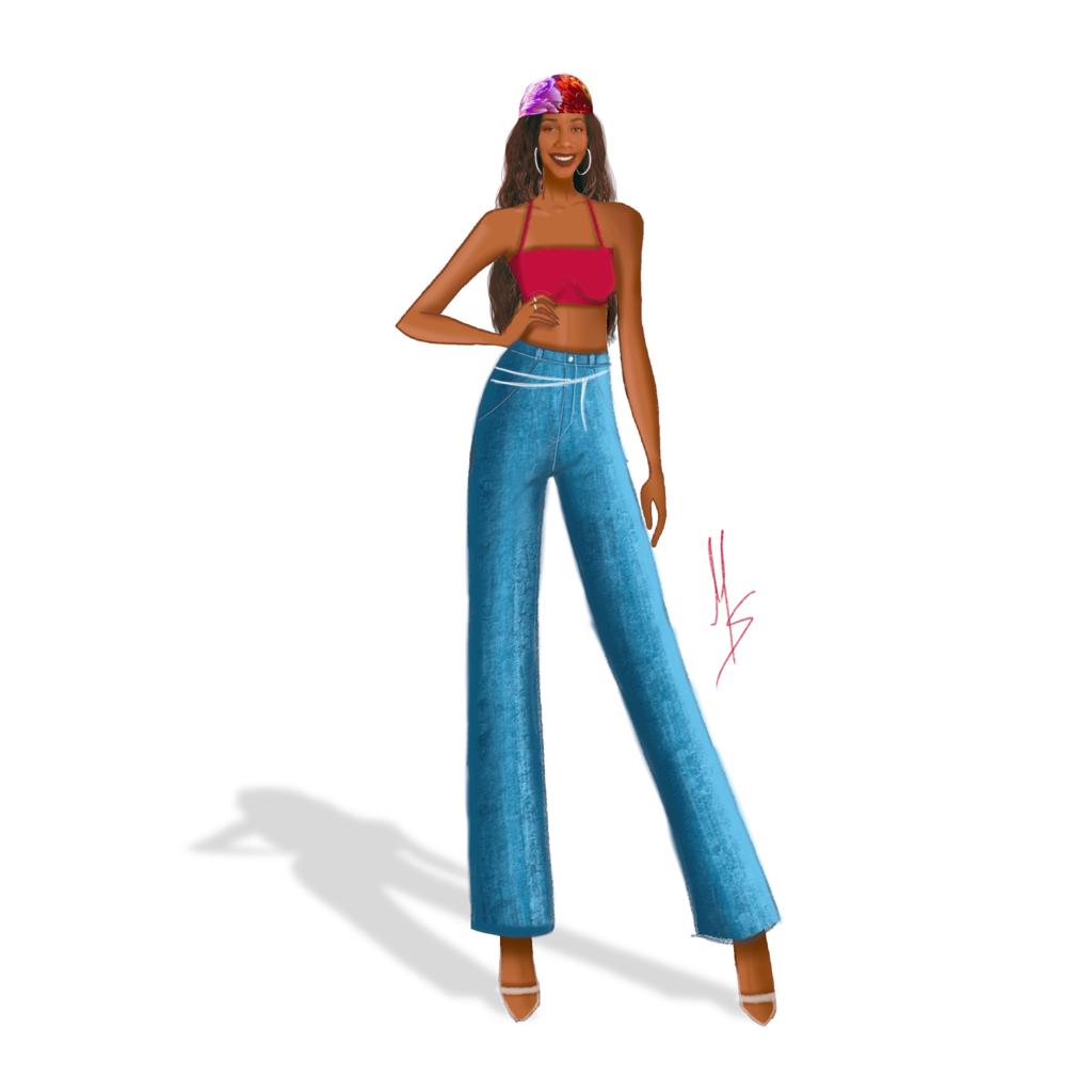 croqui-look-camilla-de-lucas-bbb Croqui de look que a Camilla de Lucas usou no BBB21. Na ilustração, ela está usando um top cropped vermelho, calça jeans de boca larga, cinto de correntes, sandália de duas tiras e um lenço colorido na cabeça. Ela está sorrindo e com uma mão apoiada na cintura.
