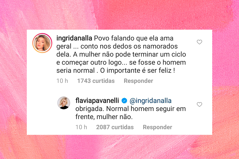 Captura de tela da resposta de Flavia Pavanelli a um comentário. O comentário diz 