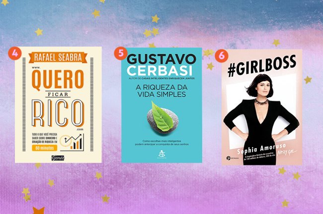 A montagem mostra três livros: Quero ficar rico, de Rafael Seabra, A riqueza da vida simples, de Gustavo Cerbasi e Girboss de Sofia Amoruso.