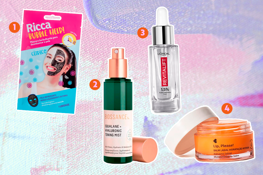 produtos-acido-hialuronico-01 Montagem com quatro cosméticos diferentes que têm ácido hialurônico na fórmula