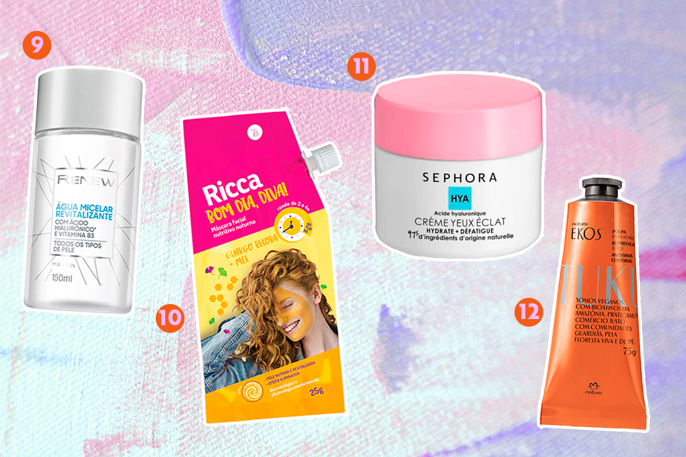 produtos-acido-hialuronico-03 Montagem com quatro cosméticos diferentes que têm ácido hialurônico na fórmula
