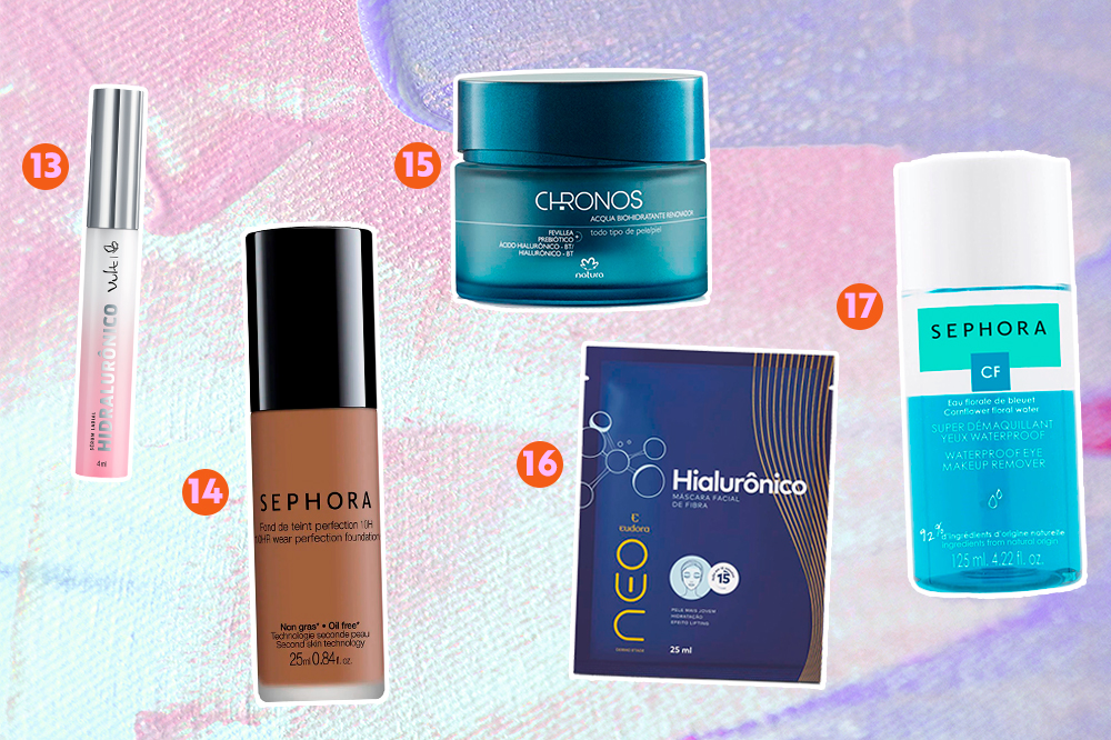 produtos-acido-hialuronico-04 Montagem com quatro cosméticos diferentes que têm ácido hialurônico na fórmula