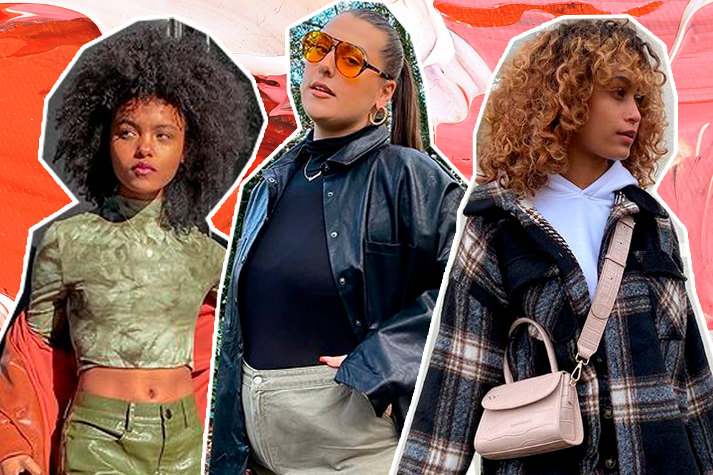 Colagem com três meninas usando looks diferentes. A primeira, na esquerda, usa top cropped de manga longa verde com calça verde de couro e casaco laranja. A segunda, casaco preto de couro com blusa de gola alta preta de couro, calça caqui e óculos de sol de lentes alaranjadas. A terceira, no canto da direita, está com um casaco xadrez, moletom branco por baixo e uma bolsa bege atravessada.