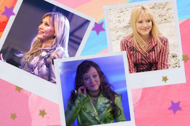 Lizzie Mcguire Montagem com 3 fotos do filme Lizzie Mcguire um sonho de postar, na primeira Lizzie com a roupa do final do filme, na segunda com o blazer verde e na terceira com uma camisa listrada e com expressão sorridente.