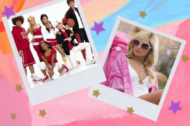 Montagem com duas fotos do filme High Musical, na primeira o elenco usando o uniforme da escola que tinha camisa vermelha e calça branca, na segunda foto sharpay sentada com maio branco e óculos com armação rosa.