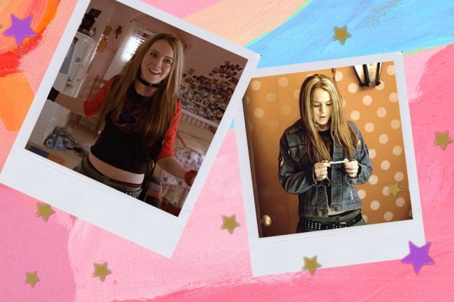 Looks sexta-feira muito louca Montagem com duas fotos da personagem Anna do filme Sexta-feira muito louca, na primeira usa camisa preta com manga vermelha e aparece tentando fechar a porta, na segunda usa jaqueta jeans, está olhando para baixo lendo um bilhete.