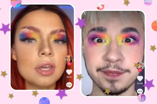 Montagem com print de do tik tok de dois influenciadores, usando sombra colorida nas cores: roxo, laranja e amarelo.