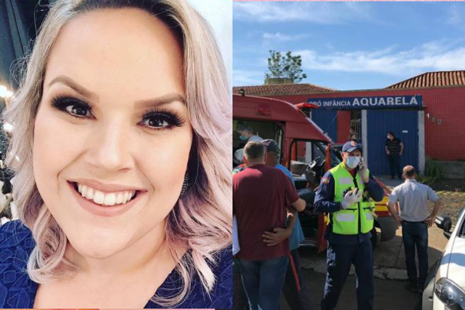 A colagem mostra duas imagens. Na primeira, aparece a professora Keli Adriane Aniecevski, usando uma blusa azul marinho. Na segunda, policiais, uma viatura e uma ambulância na frente da escola Pró-Infância Aquarela, no munícipio de Saudades.