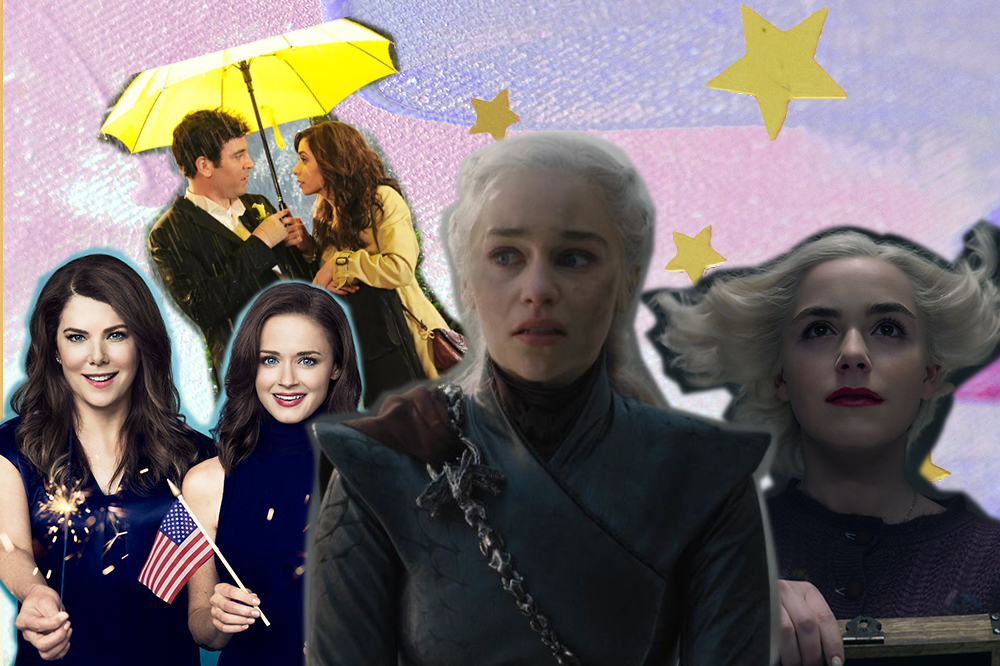 Colagem com Daenerys de Game Of Thrones no centro, Sabrina de "As aventuras de sabrina" no canto direito, Lorelai e Rory de "Gilmore Girls" na esquerda e e Ted e a mãe com um guarda-chuva amarelo em "How I Met Your Mother",