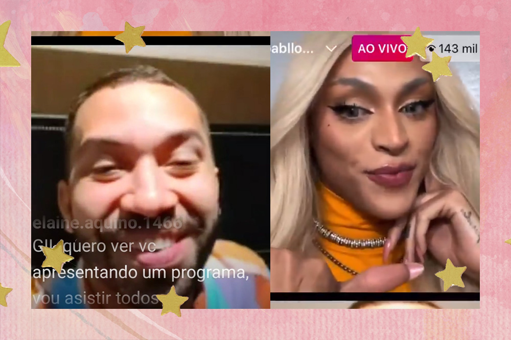 Captura da tela de Gilberto durante a live de Pabllo Vittar, comPabllo Vittar ao lado.