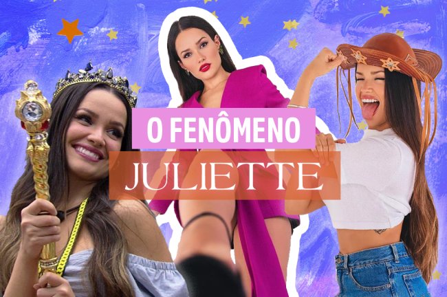 Montagem com as fotos da Juliette do BBB21. Na primeira, ela está de coroa e segura o cedro do líder nas mãos. Na segunda, ela veste um conjuntinho rosa e dá um chutinho no ar. Na terceira, ela está com seu tradicional chapéu de cangaceira, fazendo final de girl power com os braços