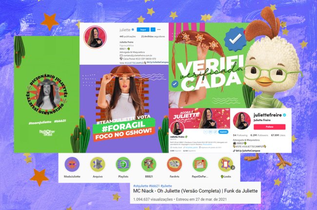 O raio-X do Fenômeno Juliette: da rejeição no BBB21 ao endeusamento online Montagem mostrando a relevância das redes sociais da Juliette, do BBB21. Prints de número de seguidores, aparência das postagens e publicações online