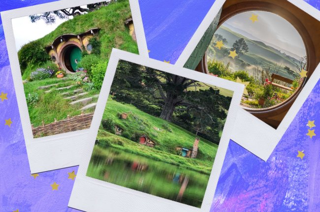 Montagem sobre fundo azul com fotos de Hobbiton