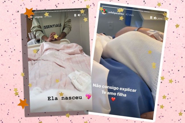 Stories postados por Zé Felipe e Virgínia Fonseca após o nascimento da filha; aparece apenas um cobertor e uma cama de hospital