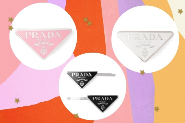 Montagem com os modelos de presilha da grife Prada, nas cores preto, branco e rosa.