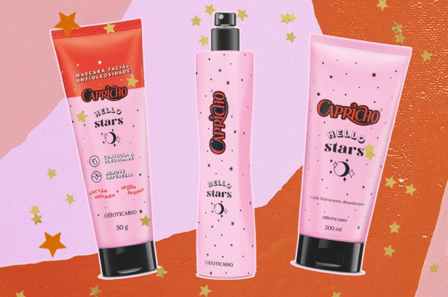 Montagem com três produtos da coleção de beleza da CAPRICHO com o Boticário, chamada Hello Stars. Na foto, há uma máscara facial, uma colônia e uma loção hidratante. O fundo é rosa, laranja e tem algumas estrelinhas amarelas e laranjas.