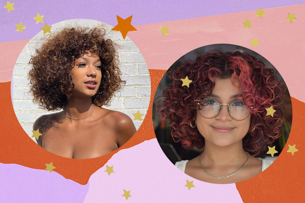 Montagem em fundo lilás, rosa e laranja com estrelinhas douradas de fotos de duas meninas em molduras circulares que têm cabelo cacheado e corte bob acima dos ombros