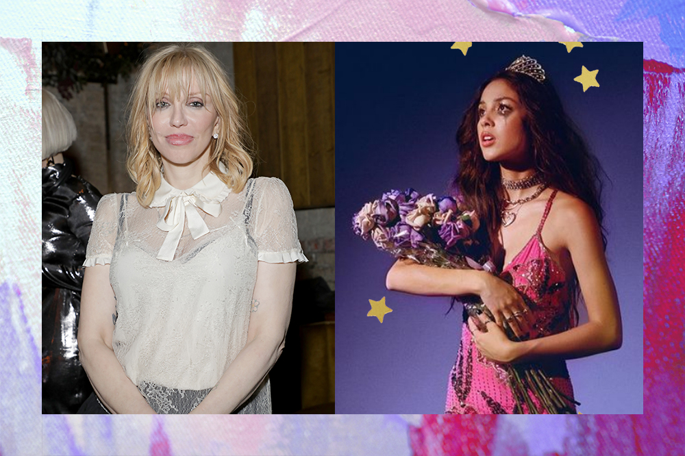 Montagem com imagem de Courtney Love à esquerda e Olivia Rodrigo à direita, como rainha do Baile de Formatura