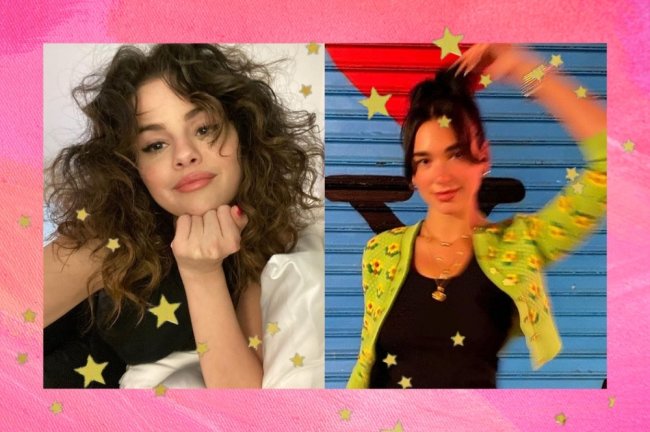 franja selena e dua lipa Montagem com a foto da Selena Gomez e Dua Lipa. A esquerda, a Selena posa para uma selfia, ela usa uma blusa preta e cabelo solto com a franja no estilo cortininha. A direita, Dua posa para a foto, ela usa blusa preta, cardigan verde e cabelo preso em um coque com a franja cortininha solta. Ambas olham para a câmera e sorriem para a foto.