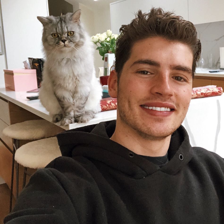 Gregg Sulkin posando para foto com gatinho branco e cinza; o ator está sorrindo e usando um moletom preto