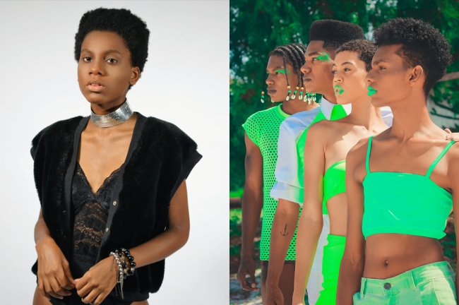 A moda que você veste é uma imposição ou realmente expressa quem você é? Uma modelo negra posando com um colete de pelinho preto e uma lingerie. À direita, modelos negros em editorial com roupas verde neon.