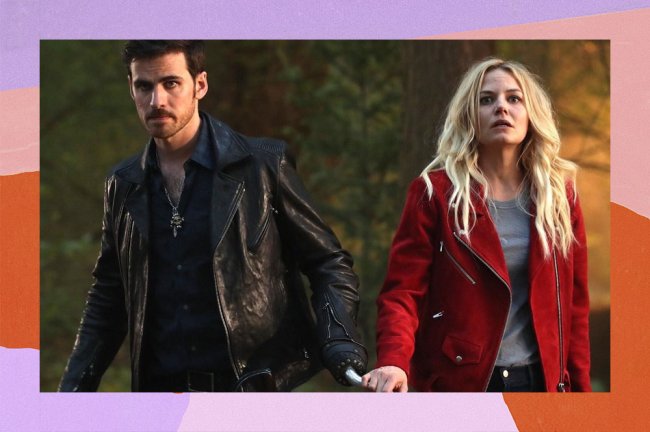 once-upon-a-time-emma-killian Um casal com uma cara assustada, a mulher pega no gancho do homem que está substituindo uma mão