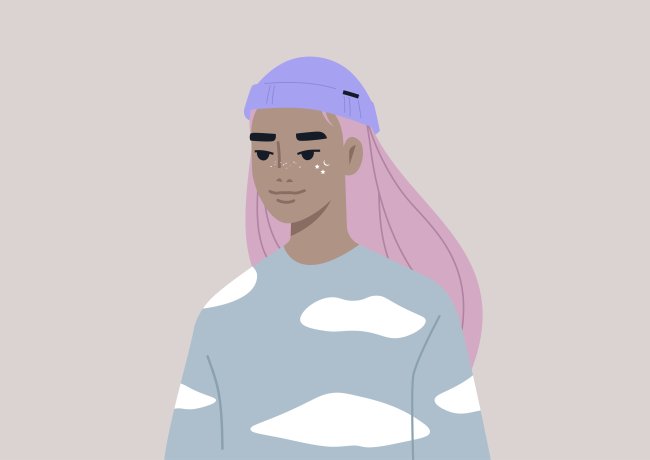 A ilustração mostra uma jovem, de cabelo rosa e toca lilás, usando um moletom azul com desenhos em formato de nuvem