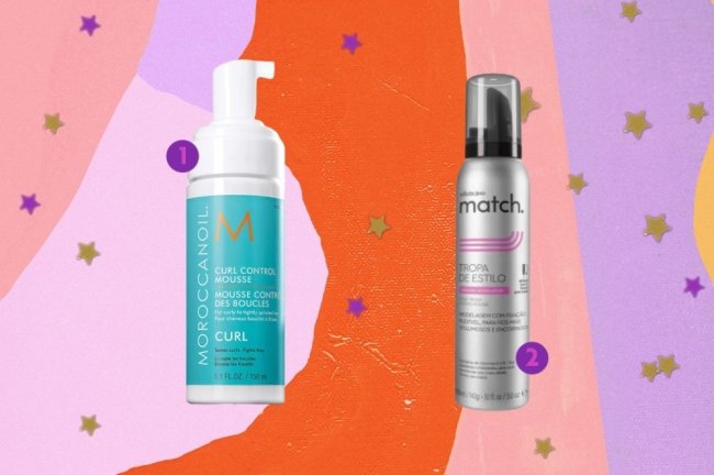 Montagem com opções de produtos para cabelo cacheado. Os produtos estão em um fundo com um mix de cores, entre elas as cores: laranja, rosa, salmão e lilás. E estrelas douradas.