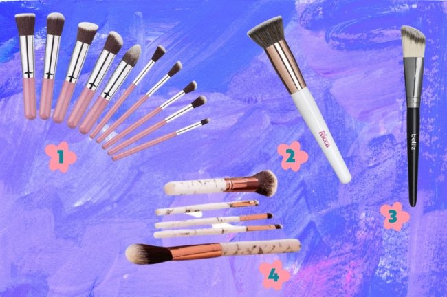 afiliados pinceis 1 Montagem com a foto de diversos modelos de pincéis de maquiagem espalhados por ela.