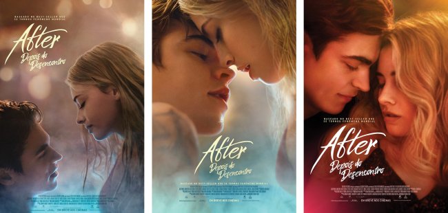 after we fell poster after depois do desencontro After - Depois do Desencontro; Opções de pôster brasileiros do filme; três posters; o primeiro mostra Hardin e Tessa se encarando em uma banheira; no segundo eles estão de olhos fechados quase se beijando com as testas se tocando de olhos fechados; no terceiro eles estão próximos com as testas também se tocando e de olhos fechados