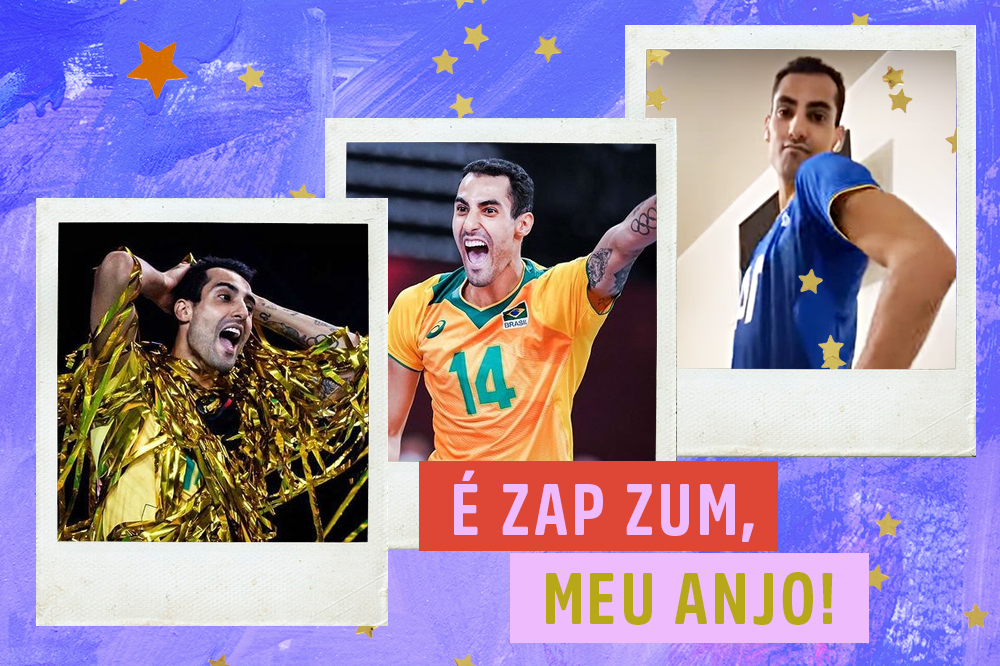 Montagem com fotos do jogador de vôlei Douglas Souza. O fundo é azul com estrelinhas douradas