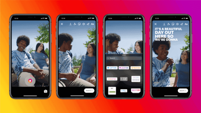 Imagens mostrando como vai funcionar a ferramenta de legendas automáticas para Stories no Instagram